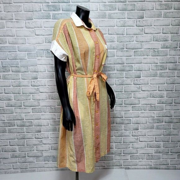 Vintage 80s Rudnik Lightweight Sheer Cotton Orange Striped Shirt Shift Dress - Picture 2 of 7